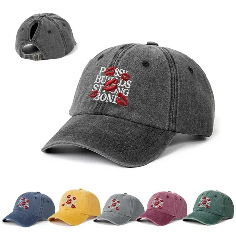 Damen Pferdeschwanz Baseballkappe WascheBaumwolle Bestickt Buchstabe Lippe Verstellbar Dad Hat Outdoor Sport Freizeit Hut