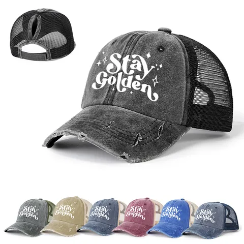 Unisex Vintage Washed Mesh Ponytail Baseball Cap Adjustable Outdoor Sun Protection Dad Hat Stay Golden Print