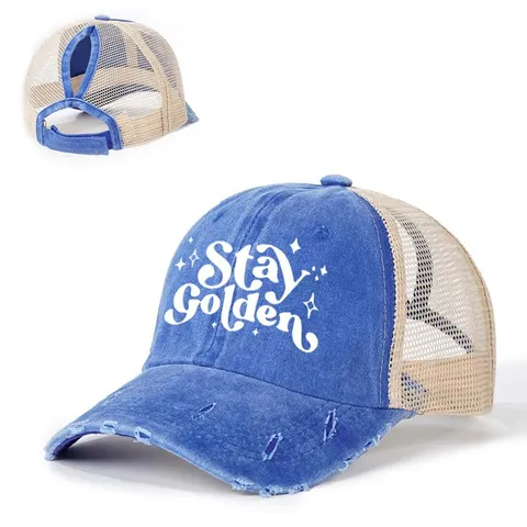 Unisex Vintage Washed Mesh Ponytail Baseball Cap Adjustable Outdoor Sun Protection Dad Hat Stay Golden Print