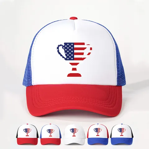 Retro US Flag Trophy Print Baseball Cap Colorblock Mesh Trucker Hat Breathable Sun Protection Sports Hat For Unisex