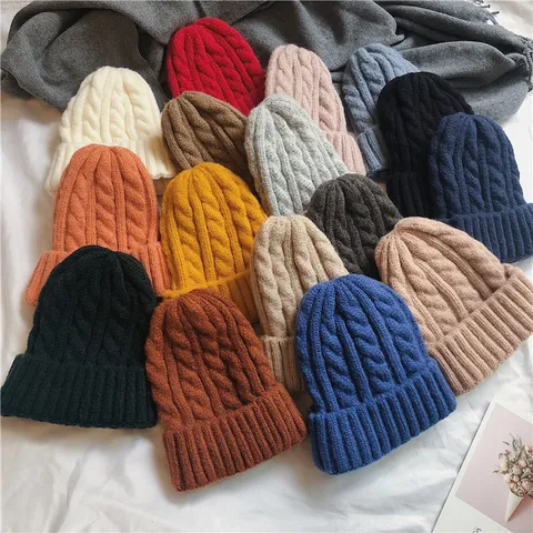 Winter Warm Cable Knit Beanie Hat Unisex Thickened Slouchy Skull Cap Soft Stretch Ribbed Cuff Solid Color Winter Ski Hat