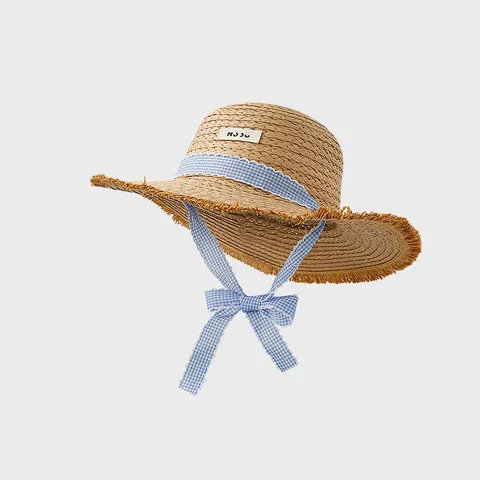 Chapeau de Paille d'Été pour Femmes Dessus Plat Français Bord Brut Protection Solaire Chapeau de Plage Avec Ruban à Carreaux Bleu