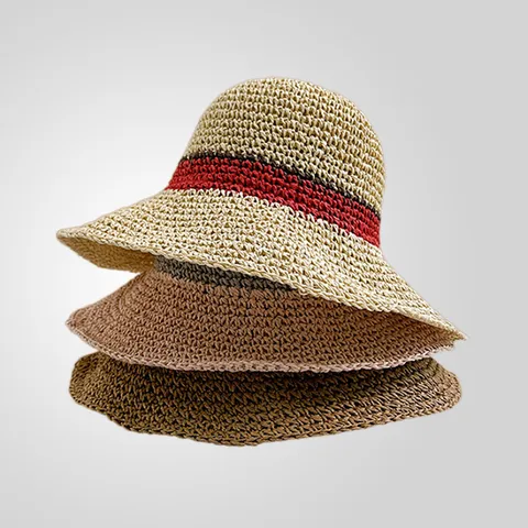 Chapeau de Soleil Crocheté en Paille Française pour Femmes Color Block Pliable Bord Large Pêcheur Plage Été Voyage Extérieur