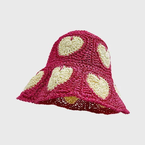 Damen Strohhut Breite Krempe Sonnenschutz Faltbar Sommer Strand Hut Vintage Handgemacht Herz Muster Stroh Fischerhut