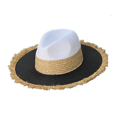 Summer Beach Vacation Straw Hat Women Men Wide Brim Fedora Sun Hat Color Block Fringe Jazz Hat