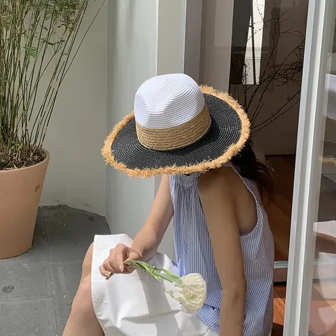 Summer Beach Vacation Straw Hat Women Men Wide Brim Fedora Sun Hat Color Block Fringe Jazz Hat