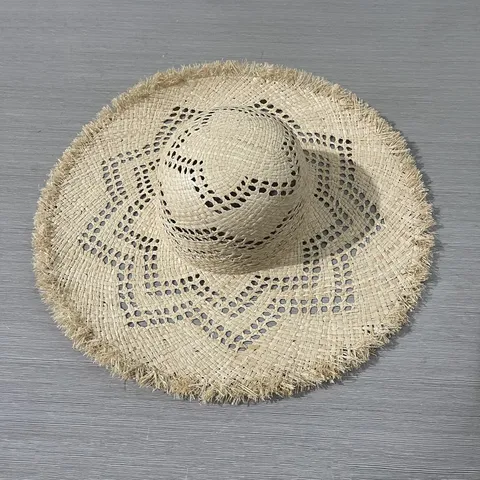 Damen Strohhut mit breiter Krempe Handgemachte natürliche Raffia Sonnenschutz Strandhut Durchbrochener Urlaub Casual Sommerhut