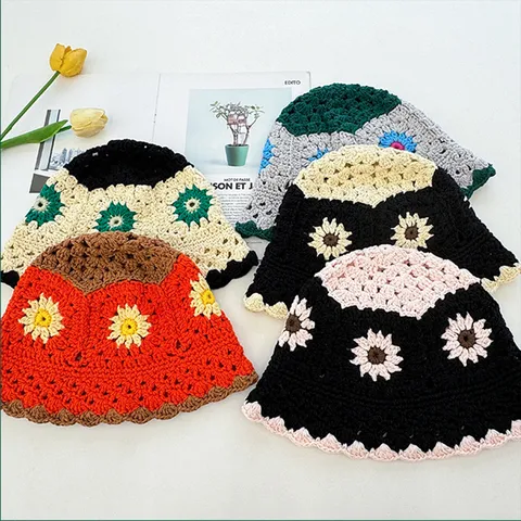 Women Vintage Crochet Knit Bucket Hat Floral Hollow Out Fisherman Cap Casual Warm Winter Spring Hat Sweet Girl Headwear