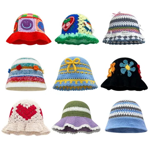 Vintage Color Block Hollow Out Crochet Knit Bucket Hat For Women Autumn Winter Warm Sweet Floral Smiley Face Striped Bowknot Knitted Pot Hat