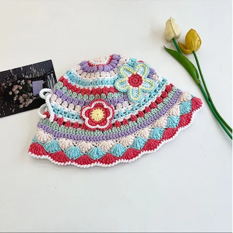 Vintage Color Block Hollow Out Crochet Knit Bucket Hat For Women Autumn Winter Warm Sweet Floral Smiley Face Striped Bowknot Knitted Pot Hat