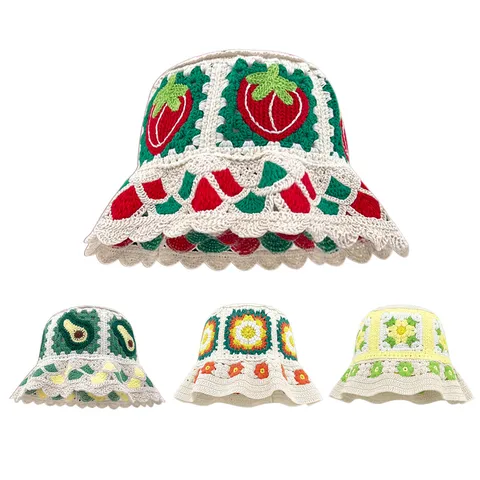 Handmade Knitted Bucket Hat Sweet Pastoral Style Floral Strawberry Warm Winter Crochet Basin Hat Women Fashion Headwear