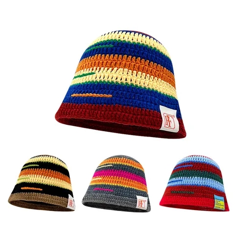 Womens Winter Warm Knit Bucket Hat Colorblock Striped Floral Crochet Fisherman Cap