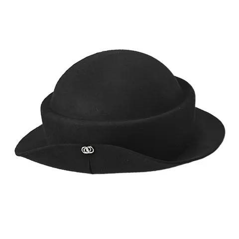 French Vintage 100 Wool Fedora Hat For Women Elegant Curled Brim Cloche Bucket Hat Autumn Winter Warm Retro Letter Sign Metal Ornament名媛风 Felt Hat