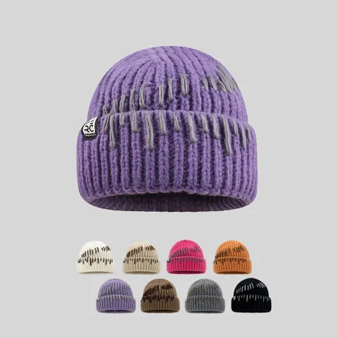 Casual Knitted Beanie Hat For Women Winter Thick Warm Solid Color Acrylic Stitched Soft Cap Commuting Elegant Cold Weather Accessory