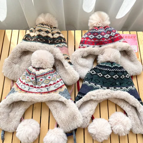 Women Winter Warm Trapper Hat Knit Geometric Jacquard Ear Protection Hat With Faux Fur Lining Pom Pom Cable Knit Earflap Beanie