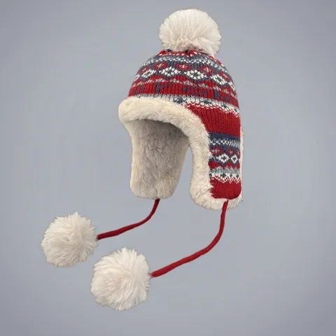 Women Winter Warm Trapper Hat Knit Geometric Jacquard Ear Protection Hat With Faux Fur Lining Pom Pom Cable Knit Earflap Beanie