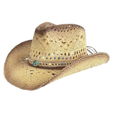 Chapeau de Paille Ajouré Rétro Chapeau Cowboy de l'Ouest pour Hommes Femmes Été Plage Protection Solaire Chapeau en Paille de Papier Tissé à la Main Avec Bande en Perles de Turquoise