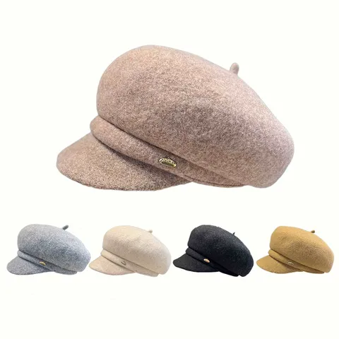 Retro Einfarbig Polyester Achteckige Mütze Mit Kurze Krempe Metall Buchstaben Dekor Für Herbst Winter Outdoor Warm Damen Baskenmütze
