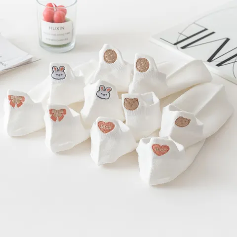 Calcetines Invisibles de Algodón de Estilo Japonés Lindo para Mujer Bordado de Animales de Dibujos Animados Lengüeta en el Talón Transpirables