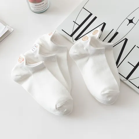 Calcetines Invisibles de Algodón de Estilo Japonés Lindo para Mujer Bordado de Animales de Dibujos Animados Lengüeta en el Talón Transpirables