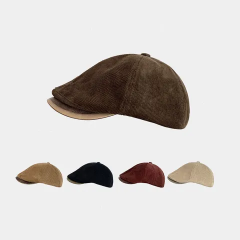 Boina de Pana Vintage para Mujer Boina Plana Rayada Casual Con Ala de Cuero Sombrero de Pintor Versátil Otoño Invierno