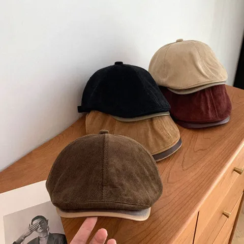 Boina de Pana Vintage para Mujer Boina Plana Rayada Casual Con Ala de Cuero Sombrero de Pintor Versátil Otoño Invierno