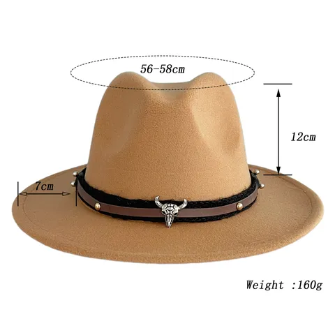 Chapeau Feutre Vintage à Grand Bord Avec Décoration de Tête de Taureau Bande en Cuir Rivets Chapeau Jazz Rétro Homme Femme Style Décontracté Voyage