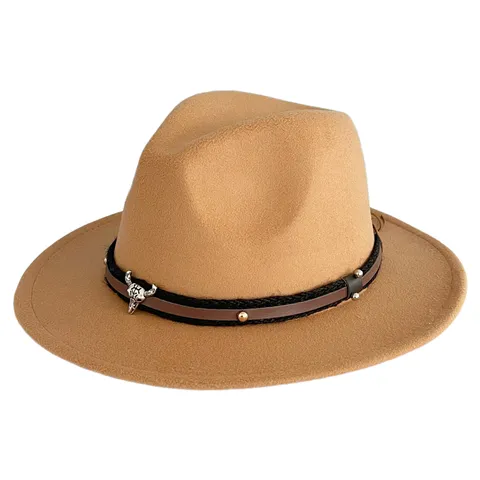 Chapeau Feutre Vintage à Grand Bord Avec Décoration de Tête de Taureau Bande en Cuir Rivets Chapeau Jazz Rétro Homme Femme Style Décontracté Voyage