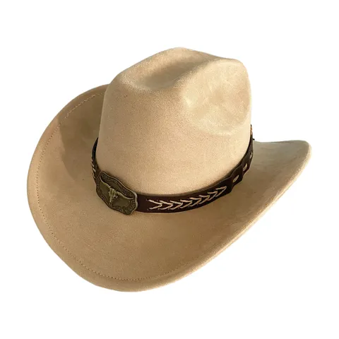 Chapeau de Cowboy Vintage en Polyester Imitation Daim pour Hommes Femmes Style Britannique Classique Grand Bord Western Avec Boucle Tête de Taureau