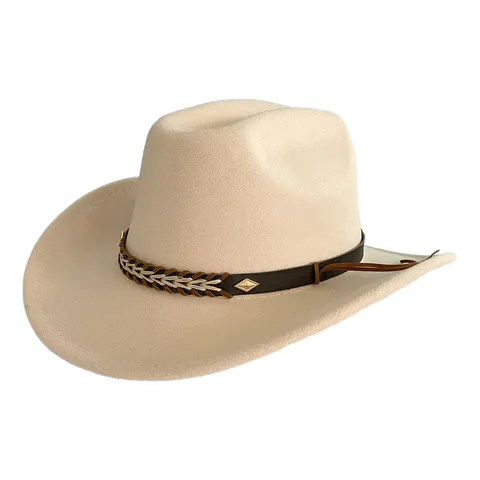 Vintage Unisex Western Cowboy Hat Polyester Wide Brim Conical Top Jazz Fedora Hat Belt Buckle Party Sun Hat Accessories