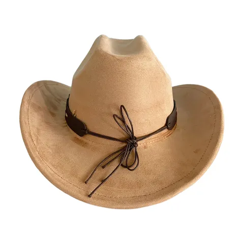 Chapeau de Cowboy Vintage en Polyester Imitation Daim pour Hommes Femmes Style Britannique Classique Grand Bord Western Avec Boucle Tête de Taureau