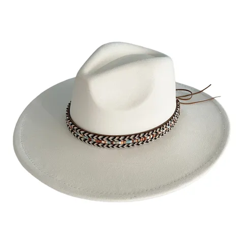 Vintage Wide Brim Faux Suede Fedora Hat For Women Men Tapered Top Plain Flat Brim Western Cowboy Jazz Hat Everyday Sun Protection Travel Cap With Ethnic Woven Band