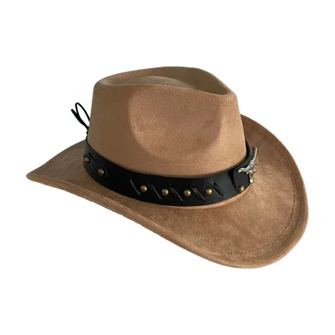 Chapeau de Cowboy Western Vintage pour Hommes Femmes Large Bord en Faux Daim Chapeau Fedora Avec Badge Métallique Tête de Taureau Rivets Ceinture Chapeau Jazz