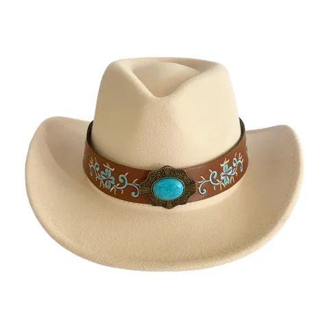 Chapeau de Cowboy Western Vintage pour Hommes Femmes Large Bord Jazz Fedora Avec Bande en Cuir Turquoise Motif Floral Fête