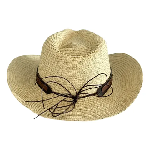 Vintage Western Cowboy Strohhut Für Damen Herren Breite Krempe Panama Sonnenhut Mit Leder Türkis Band Verstellbare Windkordel Strand Safari Jazz Mütze