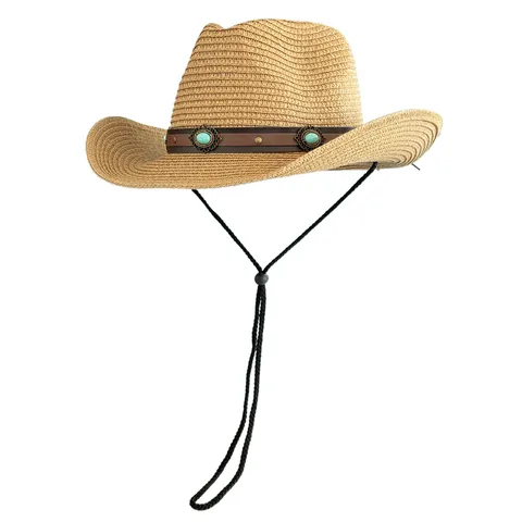 Sombrero de Paja de Vaquero Occidental Vintage para Mujeres Hombres Ala Ancha Panama Sombrero de Sol Con Banda de Cuero Turquesa Cordón de Viento Ajustable Gorra de Playa Safari Jazz