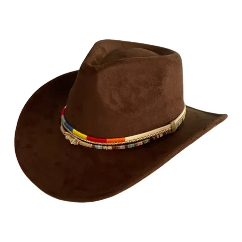 Vintage Western Cowboy Hat For Women Men Wide Brim Polyester Jazz Fedoras Hat With Leather Cord Bead Decor Party Dress Cap
