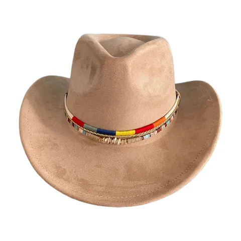 Vintage Western Cowboy Hat For Women Men Wide Brim Polyester Jazz Fedoras Hat With Leather Cord Bead Decor Party Dress Cap