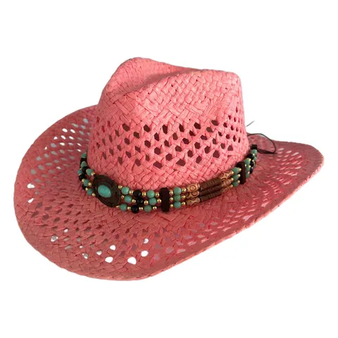 Retro Hollow Out Paper Straw Western Cowboy Hat For Women Men Beaded Turquoise Sun Hat Beach Summer Boho Fedora Hat