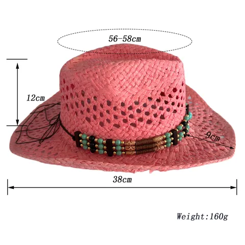 Retro Hollow Out Paper Straw Western Cowboy Hat For Women Men Beaded Turquoise Sun Hat Beach Summer Boho Fedora Hat