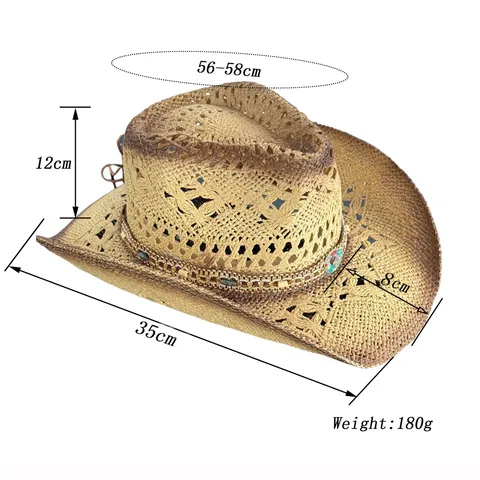 Chapeau de Paille Ajouré Rétro Chapeau Cowboy de l'Ouest pour Hommes Femmes Été Plage Protection Solaire Chapeau en Paille de Papier Tissé à la Main Avec Bande en Perles de Turquoise