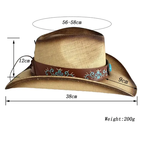 Chapeau de Paille Cowboy Western Rétro Avec Ruban en Similicuir Turquoise Large Bord Chapeau de Soleil en Paille de Papier pour Hommes Femmes Plage Protection Solaire