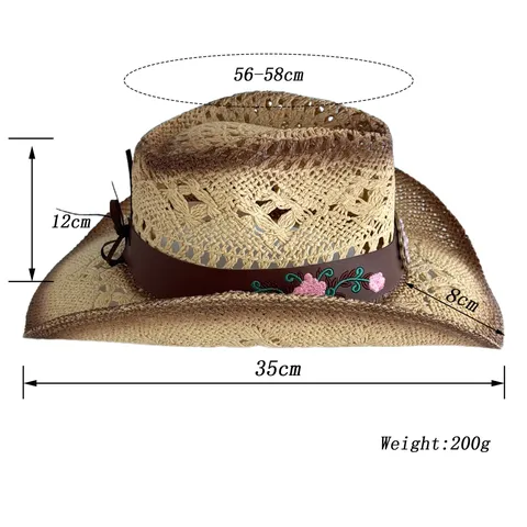 Chapeau de Cowboy Occidental en Paille de Papier Vintage Unisexe Ajouré Chapeau de Soleil de Plage d'Été Large Bord Réglable Chapeau Fedora en Paille pour Voyage Vacances