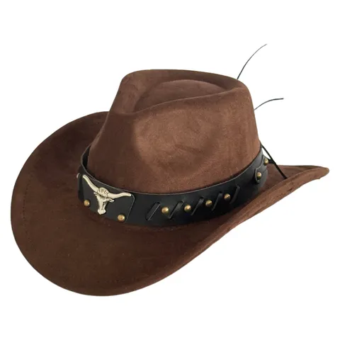 Chapeau de Cowboy Occidental Vintage Unisexe Daim Grand Bord Fedora Rétro Tête de Taureau Turquoise Rivet Décoré Chapeau de Jazz
