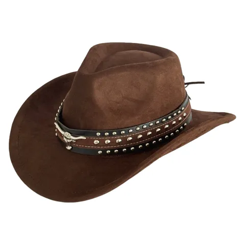Chapeau de Cowboy Occidental Vintage Unisexe Daim Grand Bord Fedora Rétro Tête de Taureau Turquoise Rivet Décoré Chapeau de Jazz