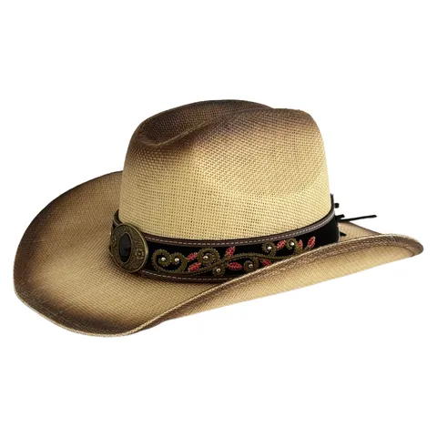 Chapeau de Paille Western Vintage Avec Ruban Brodé Boucle Métallique Large Bord Protection Solaire Plage Vacances