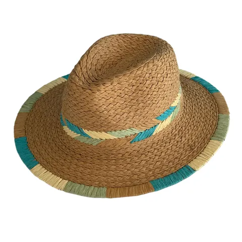 Women Color Block Paper Straw Panama Hat Beach Sun Protection Wide Brim Fedora Resort Shell Hat