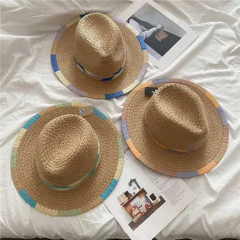 Women Color Block Paper Straw Panama Hat Beach Sun Protection Wide Brim Fedora Resort Shell Hat