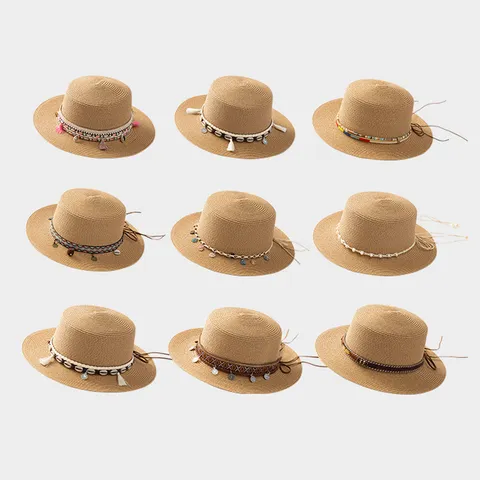 Chapeau de Paille Calotte Plate Vintage Français Ethnique Bohémien Grand Bord Panama Chapeau de Soleil Avec Coquillage Glands Ruban de Perles Artificielles pour Voyage Plage Unisex