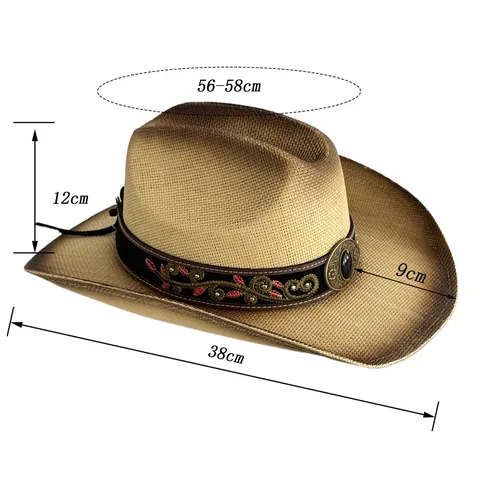 Chapeau de Paille Western Vintage Avec Ruban Brodé Boucle Métallique Large Bord Protection Solaire Plage Vacances